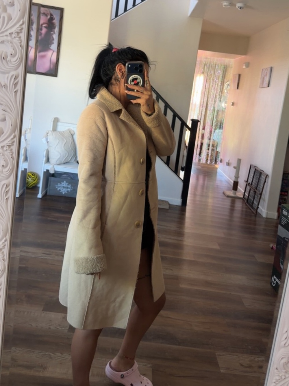 Old Navy Beige Trench Coat with Sherpa Trim - Picture 3 of 5